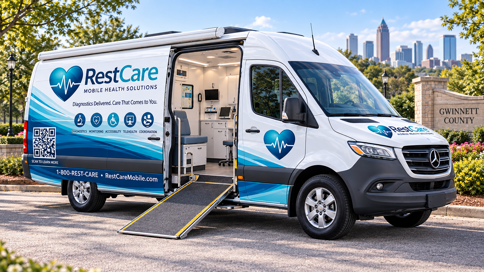 RestCare mobile-platform concept with the access ramp and open entrance visible; future vision