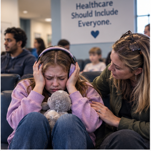 A young person holds headphones over their ears while a caregiver offers reassurance in a waiting room.