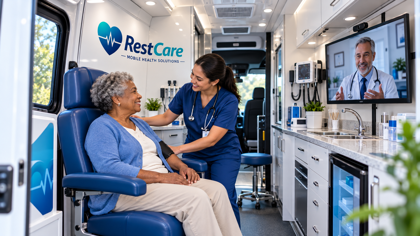 Concept of a patient and onsite clinician connecting with a remote provider inside a future RestCare mobile environment