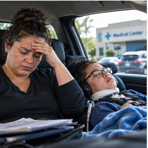A caregiver sits with a person using substantial mobility and respiratory support inside a vehicle.