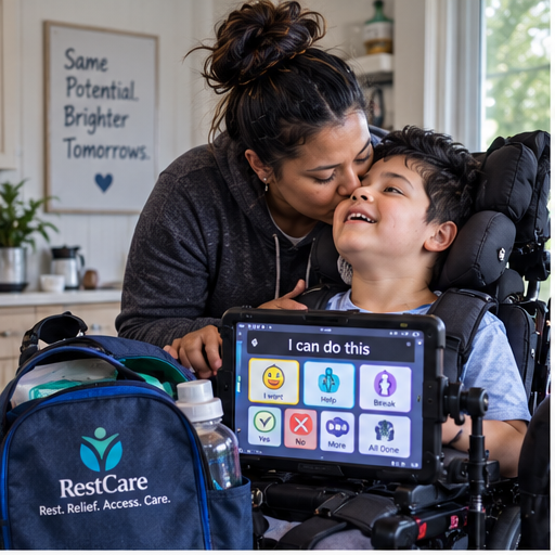 A caregiver and smiling child in a supportive wheelchair beside an AAC tablet and a packed bag.