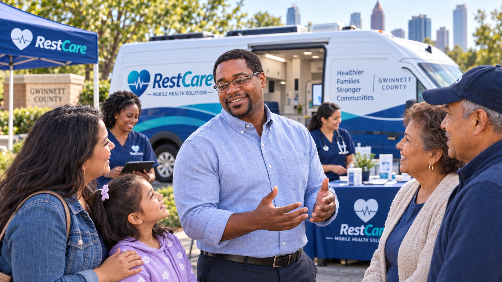 Approved concept of Darnell Hurt listening to families and community members beside a future RestCare mobile platform