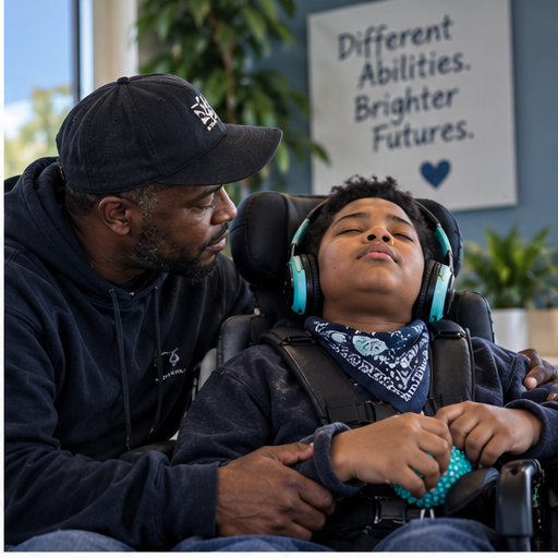 A caregiver sits beside a wheelchair user wearing headphones and holding a sensory object.