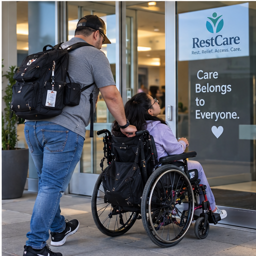 A wheelchair user and companion approach a doorway in an illustrative access scene.