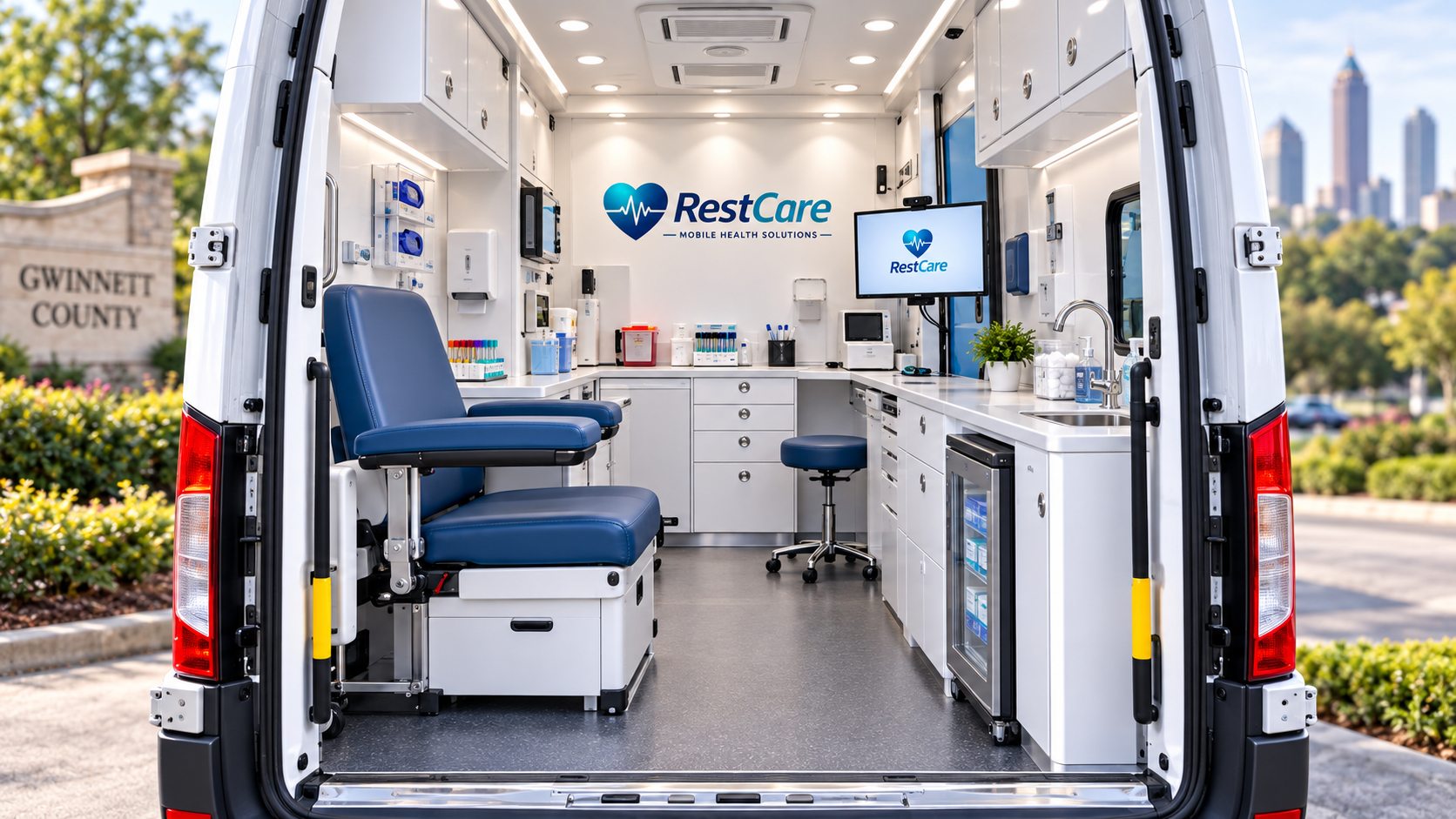 Future-state mobile clinical interior showing the chair, cabinetry, sink, storage, work surfaces and clear aisle