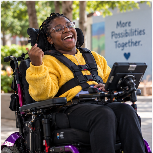 A smiling person in a power wheelchair gestures expressively beside their mounted tablet.