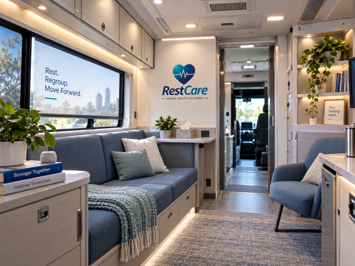 Future-state sensory-aware mobile space with caregiver seating, soft furnishings and a clear interior pathway
