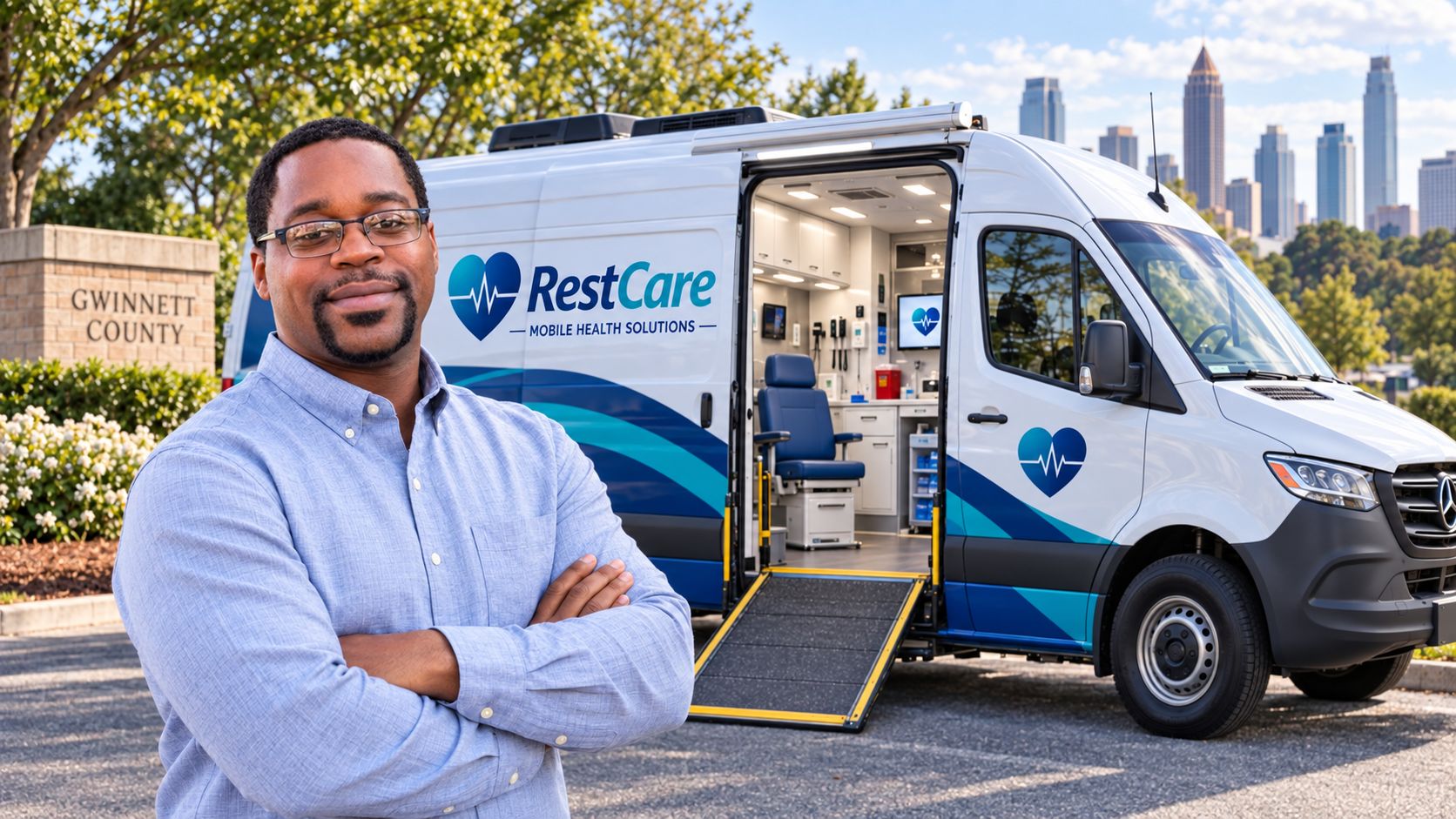Approved founder and RestCare mobile-platform concept with Darnell Hurt; illustrative future-state setting